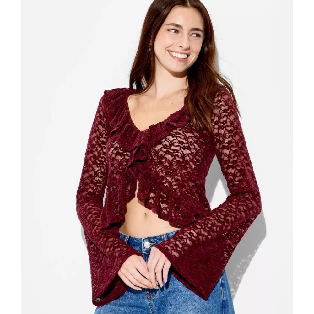 Women's Long Sleeve V-Neck Flyaway Brushed Lace Top Burgundy, Medium